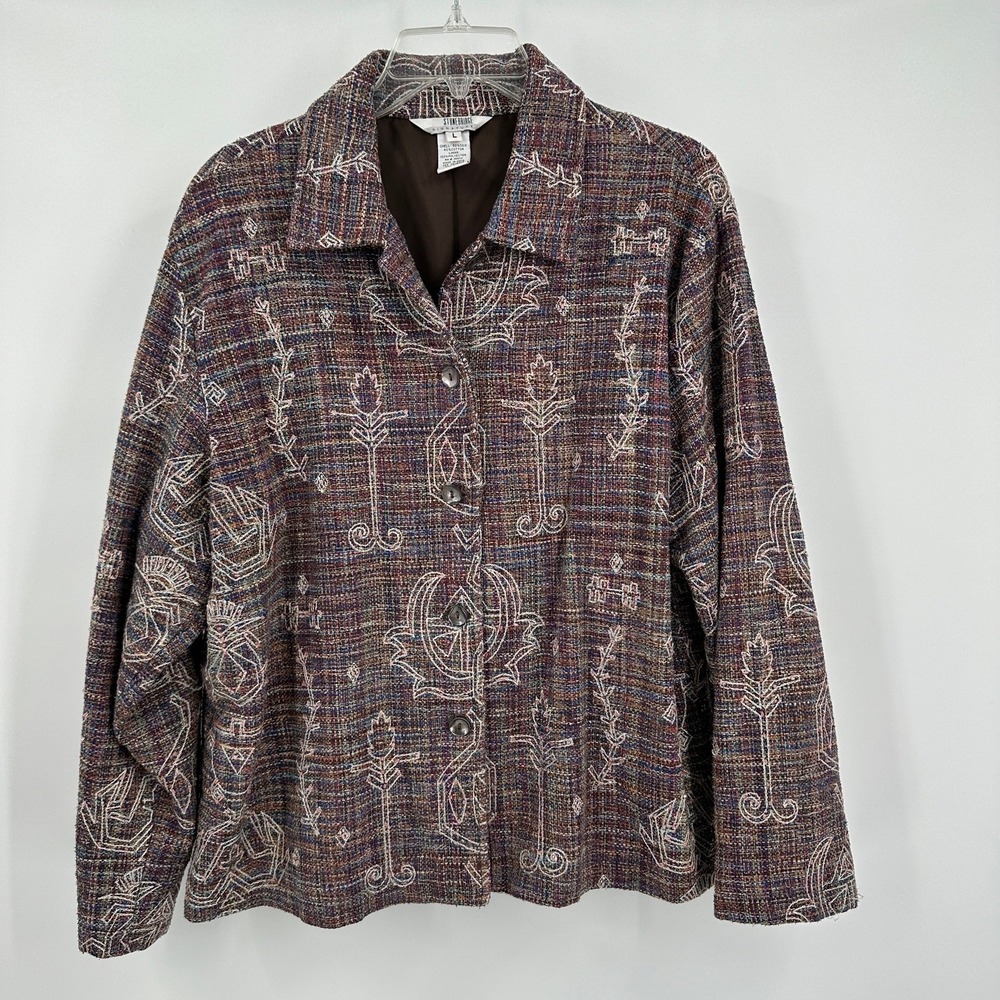 Womens Boho Embroidered Tweed Blazer Size L Jacket Eclectic Indie Lagenlook